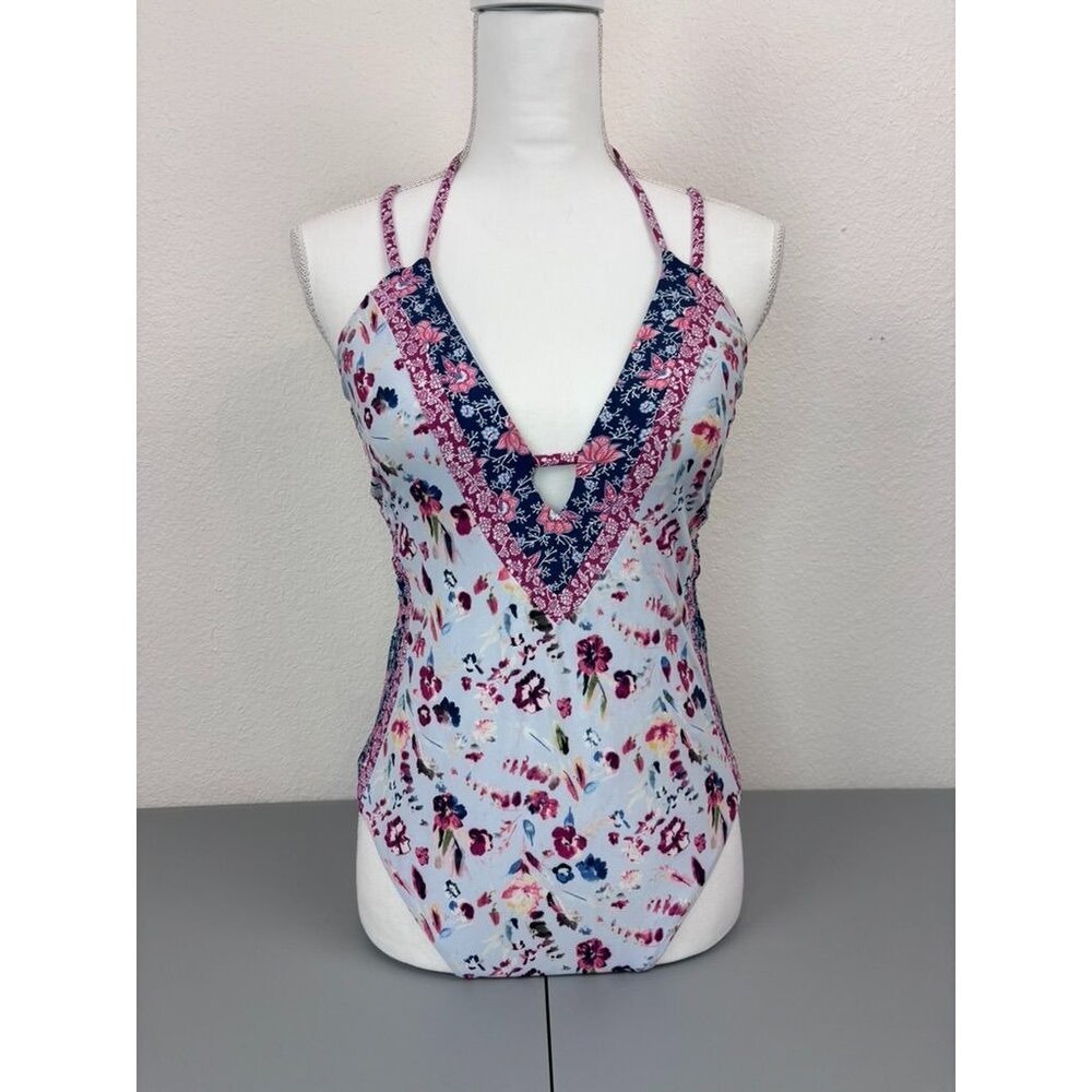 Lucky Brand‎ women's large blue floral plunge neck crossback one piece swimsuit